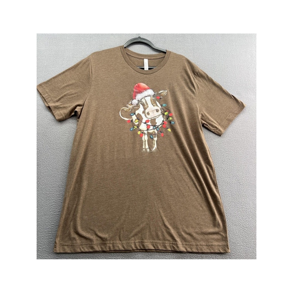 Bella Canvas Shirt Women's XL Cow Christmas Lights Santa Hat Graphic Tee Funny